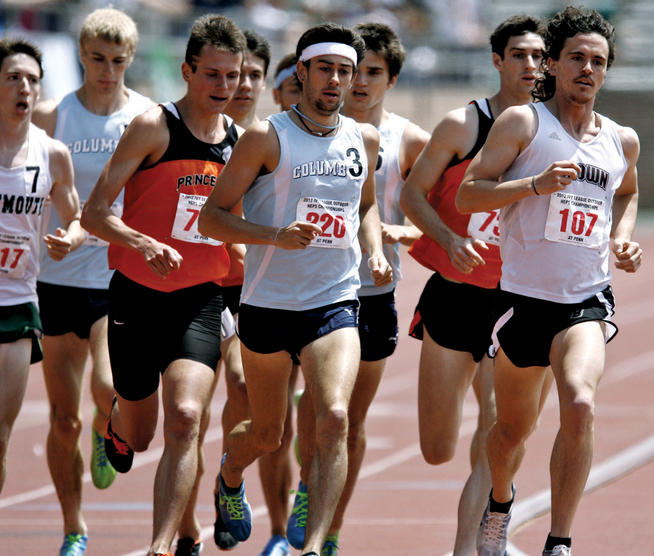 Kyle Merber ’12 (center) won the 1,500 meters at the Men’s Ivy League Heptagonal Outdoor Championships on May 5. Photo: Mike McLaughlin